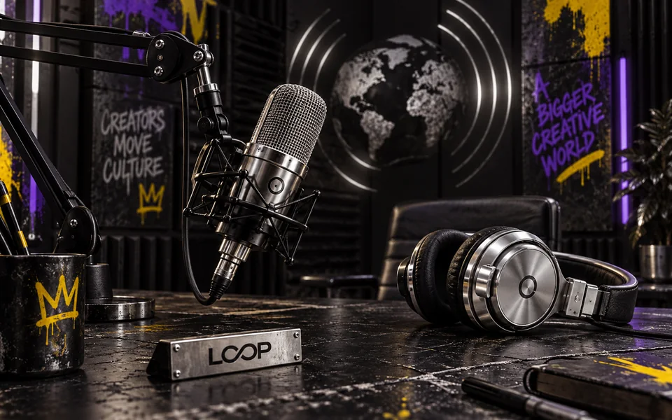 A silver microphone and headphones in a purple and yellow creator studio